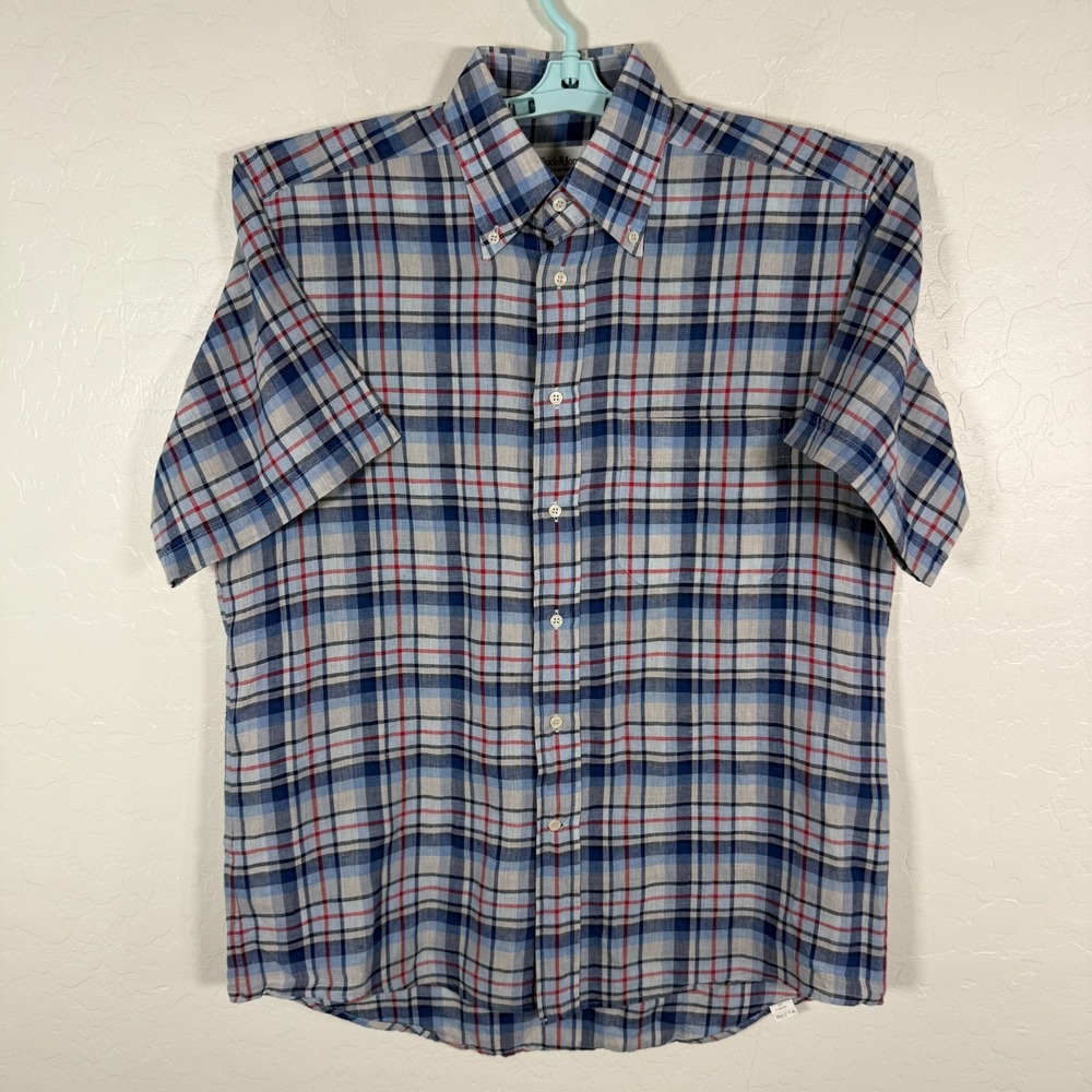 Bullock & Jones Shirt Mens Medium Blue Linen Blend Button‎ Down Short Sleeve